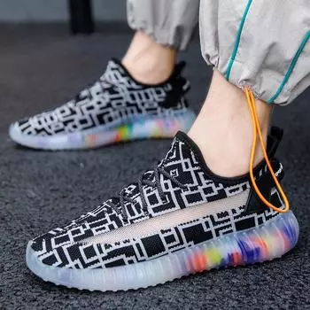 Трикотажные сетчатые дышащие кроссовки 2021 Лето Мужская мода Кроссовки для бега Теннисные туфли 39 белый