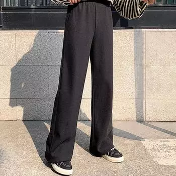 Трикотажные широкие брюки для женщин, весенние новые брюки большого размера, осенние свободные прямые повседневные длинные брюки с высокой талией M чёрный