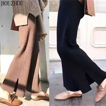 Трикотажные широкие брюки женские зимние с высокой талией и боковым разрезом в стиле ретро корейский стиль повседневные мешковатые офисные женские брюки большого размера S чёрный