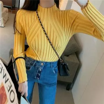 Трикотажные свитера с половиной высокого воротника, женские осенне-зимние пуловеры с длинным рукавом, облегающие узкие джемперы, топы One Size зелёный