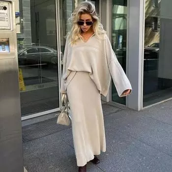 Трикотажные свободные платья, комплекты для женщин, уличная мода, V-образный вырез, трикотаж, пуловер и длинные юбки, пэчворк, элегантная женская юбка, комплект из 2 предметов S белый