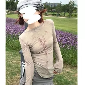 Трикотажные топы Винтажная футболка с принтом татуировки Wasteland Punk Нестандартная футболка Готическая уличная одежда Y2k Двусторонняя одежда Топы с длинными рукавами для горячих девушек M бежевый