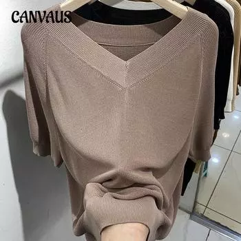 Трикотажные топы женские летние с V-образным вырезом модные простые темпераментные стареющие футболки с короткими рукавами One Size чёрный