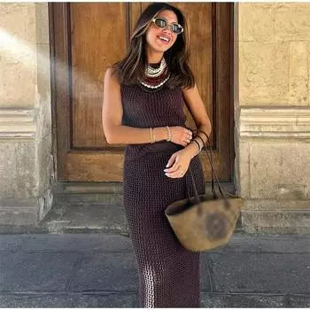 Трикотажные юбки с открытыми плечами, комплект из блузок без рукавов с круглым вырезом, узкие юбки с высокой талией, женские модные женские костюмы S коричневый