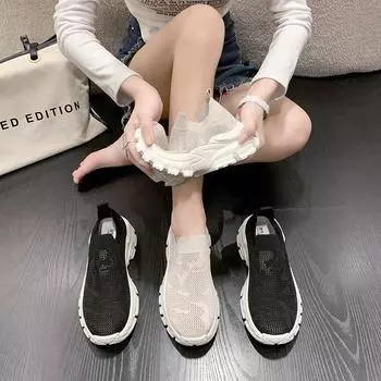 Трикотажные женские туфли 2025 года, весна и лето, новые сетчатые туфли для папы, женская повседневная обувь, спортивная обувь на платформе для женщин 35