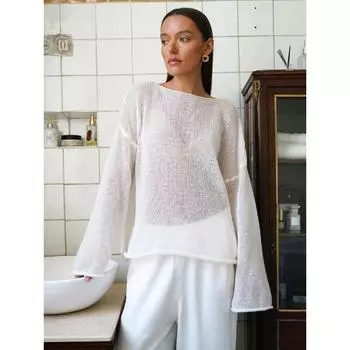 Трикотажный ажурный свитер женский свободный длинный рукав сексуальный прозрачный трикотаж пляжный купальник накидка однотонный тонкий свитер повседневная нижняя рубашка S белый
