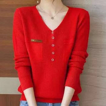 Трикотажный базовый свитер для женщин, пуловер с V-образным вырезом, застегивающийся на пуговицы, с длинными рукавами, с имитацией кармана, свитера, топ One size чёрный