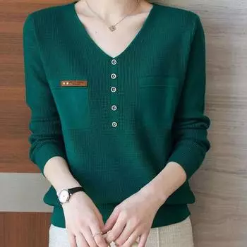 Трикотажный базовый свитер для женщин, пуловер с V-образным вырезом, застегивающийся на пуговицы, с длинными рукавами, с имитацией кармана, свитера, топ One size чёрный