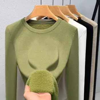 Трикотажный базовый свитер, женский пуловер, теплый внутренний слой с утолщенным флисом, цельный флисовый верх S зелёный