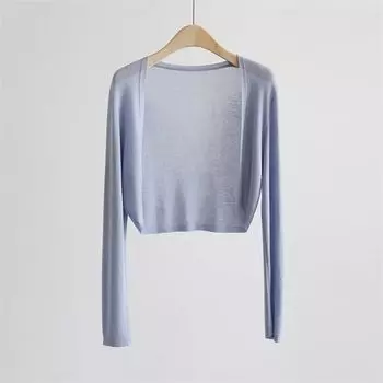 Трикотажный кардиган из ледяного шелка для защиты от солнца, женский, 2025, новое поступление, летний тонкий плащ, верхняя одежда, накидка, короткая рубашка для кондиционера, верхняя одежда Blue XXL Suggested 65.00 kg-72.50 kg