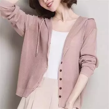 Трикотажный кардиган из ледяного шелка, солнцезащитная одежда, женская, с длинными рукавами, свободная, тонкая, летняя, новая, с капюшоном, с кондиционером, рубашка, верхняя женская одежда One size белый