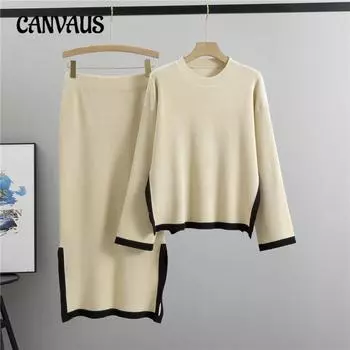 Трикотажный костюм женский свитер большого размера с длинными рукавами осенний стиль цвет темперамент круглый вырез топ разрез юбка костюм One Size абрикосовый