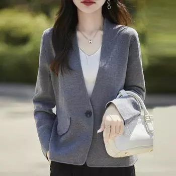 Трикотажный пиджак женский однотонный толстый шерстяной кардиган с V-образным вырезом пиджак XL чёрный