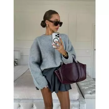 Трикотажный повседневный свитер с длинными рукавами и круглым вырезом, модный однотонный универсальный элегантный женский свитер для поездок на работу и отдыха на улице, осенний топ S серый