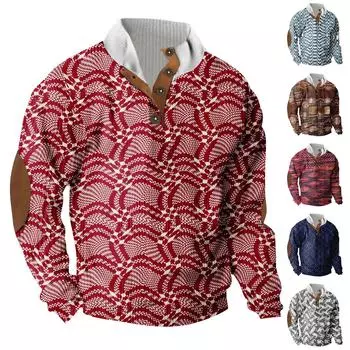 Трикотажный принт на 3 пуговицах - вельветовый мужской свитшот со стоячим воротником и карманом, повседневный свитшот на пуговицах для активного отдыха S хаки