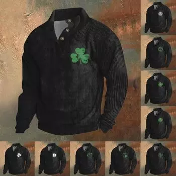 Трикотажный принт на 3 пуговицах - вельветовый мужской свитшот со стоячим воротником и карманом, повседневный свитшот на пуговицах для активного отдыха L армия зеленый