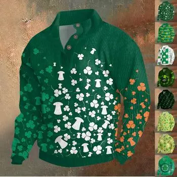 Трикотажный принт на 3 пуговицах - вельветовый мужской свитшот со стоячим воротником и карманом, повседневный свитшот на пуговицах для активного отдыха M зелёный