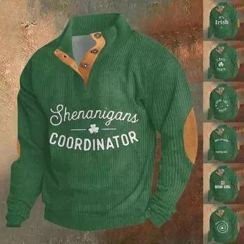 Трикотажный принт на 3 пуговицах - вельветовый мужской свитшот со стоячим воротником и карманом, повседневный свитшот на пуговицах для активного отдыха L армия зеленый