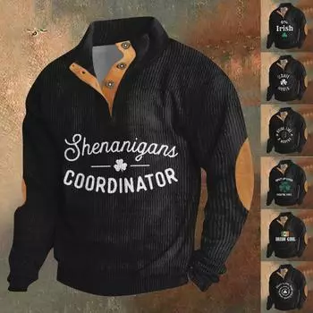 Трикотажный принт на 3 пуговицах - вельветовый мужской свитшот со стоячим воротником и карманом, повседневный свитшот на пуговицах для активного отдыха XXXL