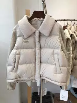 Трикотажный пуховик женский осенне-зимний новый свободный меховой воротник облегающий 90% белый утиный пух короткая куртка женская S recommends within 60kg чёрный