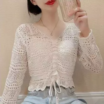 Трикотажный свитер с длинными рукавами и V-образным вырезом для женщин на весну и лето. Тонкий и свободный дизайн. Солнцезащитный топ с завязками. S