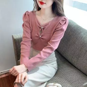 Трикотажный свитер с V-образным вырезом, женский свитер с рукавами-фонариками, универсальная базовая рубашка с низким вырезом S белый