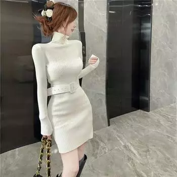 Трикотажный свитер с высоким воротом, облегающее платье, облегающее женское мягкое эластичное платье для осени и зимы, миди-платья с поясом XXL белый