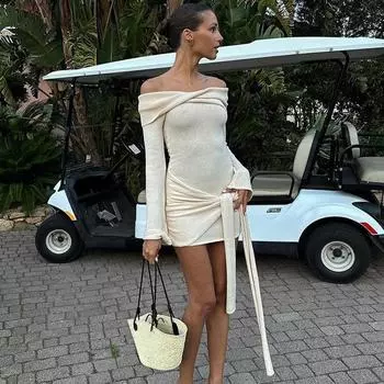 Трикотажный свитер со шнуровкой Мини-платье для женщин с открытыми плечами, облегающее, с высокой талией, в стиле пэчворк, свободное платье-твист, женское, для отпуска, повседневное, для пляжной вечеринки, элегантные платья S серый