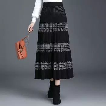 Трикотажный свитер юбка женщины осень и зима средняя длина юбка ретро этнический стиль A-line юбка темперамент плиссированная шерстяная юбка