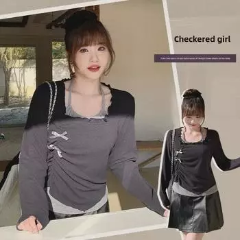 Трикотажный топ из двух частей с плиссировкой и вырезом халтер с деревянными ушками для женщин больших размеров - весенняя коллекция 65133. 1XL (approx. 60-70 kg) серый/древесный уголь