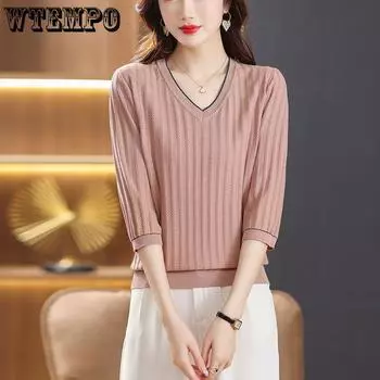 Трикотажный топ из ледяного шелка с лацканами для женщин, футболка со средним рукавом, трикотажная футболка с пятью рукавами на весну и осень L