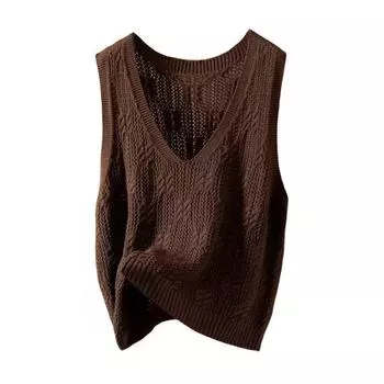 Трикотажный топ-майка для женщин с V-образным вырезом без рукавов, ажурный вязаный крючком топ-майка, летний свободный повседневный свитер-жилет кофейный