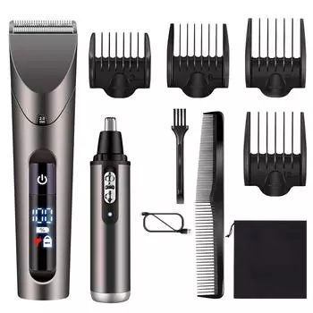 Триммер для стрижки волос 2 в 1 с LED-дисплеем универсальный, 4 насадки