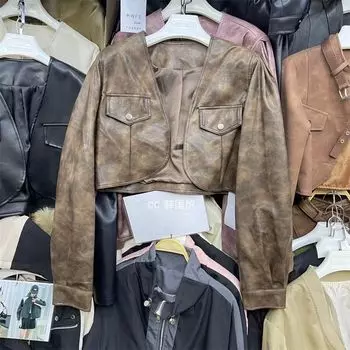 Тринадцать линий осенней одежды 2024 года, новый кардиган из искусственной кожи, короткая куртка, женская свободная короткая кожаная куртка с длинными рукавами S within 50kg кофейный
