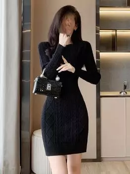 Тринадцать линий Зимнее знаменитое жаккардовое трикотажное платье - женское платье-свитер средней длины, однотонное L чёрный