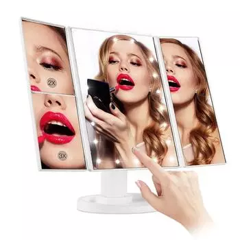 Triple fold illuminated Vanity mirror 22 LEDd lights Touch screen Makeup mirror 1X 2X 3X enlarged makeup mirror розовый