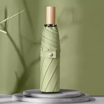 Triple fold simple plain windproof creative solid wood handle female vinyl parasol ogo small fresh 21 inches