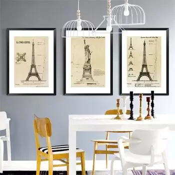 Триптих Ретро Американская Статуя Свободы Холст Картина Настенный Плакат Париж Эйфелева Башня Архитектурные Рисунки Домашний Декор 21x30 No Frame