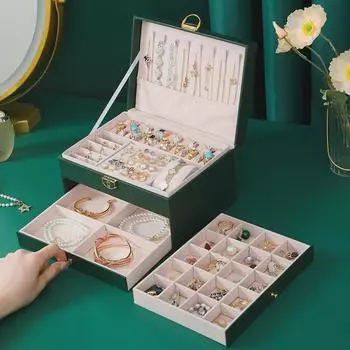 Трёхслойная шкатулка для украшений из искусственной кожи с бархатным отделением для хранения и вместительным ящиком