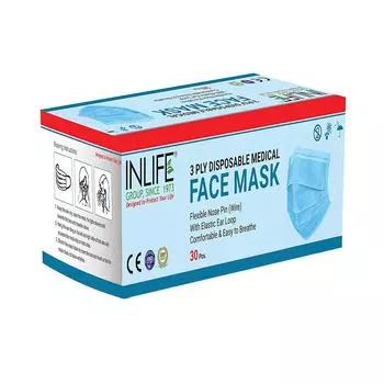 Трёхслойные нетканые одноразовые маски (30 шт), 3 Ply Non-Woven Disposable Masks, INLIFE 17.671875