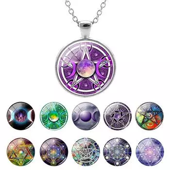 Тройная Богиня Луны Викка круглый стеклянный кулон длинные звенья цепи ожерелья винтажный узор художественные украшения для женщин и мужчин 55cm