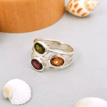 Тройное кольцо из стерлингового серебра 925 пробы с натуральным граненым турмалином, размер 7,75 США, подарок 7.75 US