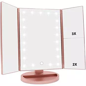 Тройное косметическое зеркало, 21 светодиод и увеличение 1X/2X/3X, сенсорный переключатель для регулировки яркости, зеркало для макияжа с двойным питанием (Розовое золото) 28x18x7cm