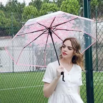 Тройной прозрачный зонт из ПВХ, женский зонт от дождя, вишневый цвет, прозрачный параплый, пластиковый Сакура, женские зонтики, зонтик от солнца