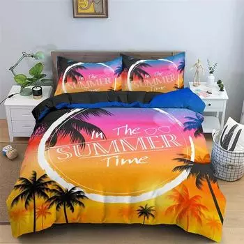 Tropical Coconut Palm Tree King Queen Duvet Cover Hawaii Seaside Sunset Bedding Set Sunrise Plant 2/3pcs Polyester Quilt Cover 135X200cm-2pcs