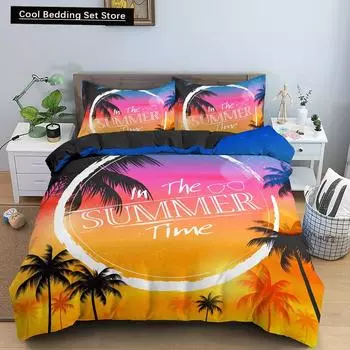 Tropical Coconut Palm Tree King Queen Duvet Cover Hawaii Seaside Sunset Bedding Set Sunrise Plant 2/3pcs Polyester Quilt Cover US Queen(228x228cm)