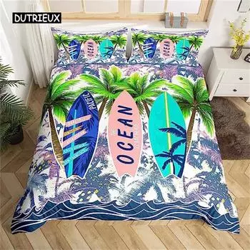 Tropical Coconut Tree Duvet Cover Surfboard Palm Leaf Ocean Wave Summer Vacation Style Natural Scene Decorative Blue Green Red US Queen(228x228cm)