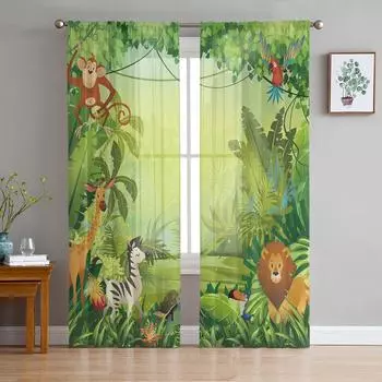 Tropical Jungle Cartoon Animal Lion Sheer Curtains for Living Room Decoration Window Curtains Kitchen Tulle Voile Curtains W135 x H115cm x1
