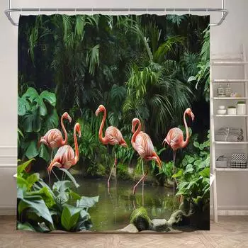 Tropical Jungle Flamingo Shower Curtains Animals Lake Lotus Flowers Palm Tree Plant Forest Scenery Fabric Bathroom Curtain Decor 90x180cm-35x70in