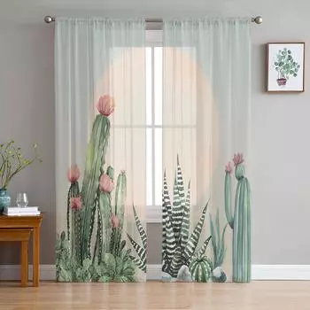 Tropical Plant Cactus Sun Window Treatment Tulle Modern Sheer Curtains for Kitchen Living Room the Bedroom Curtains Decoration W135 x H114cm